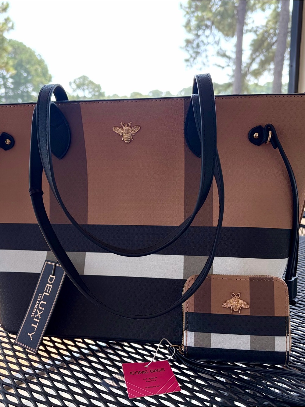 Deluxity Brown and Black Striped Shoulder Tote with Matching Slim Wallet